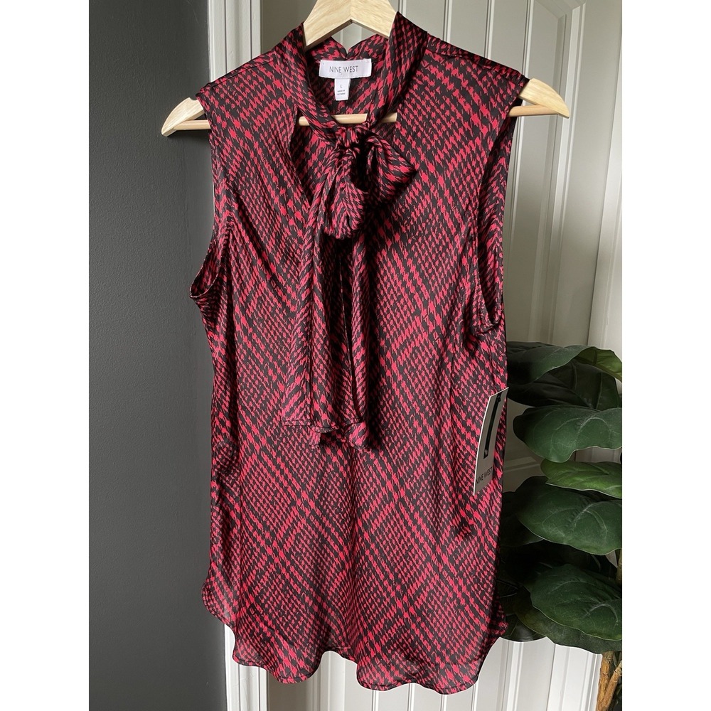 Nine West Sleeveless Blouse Red/Black Houndstooth Tie Neck Bow Chiffon L